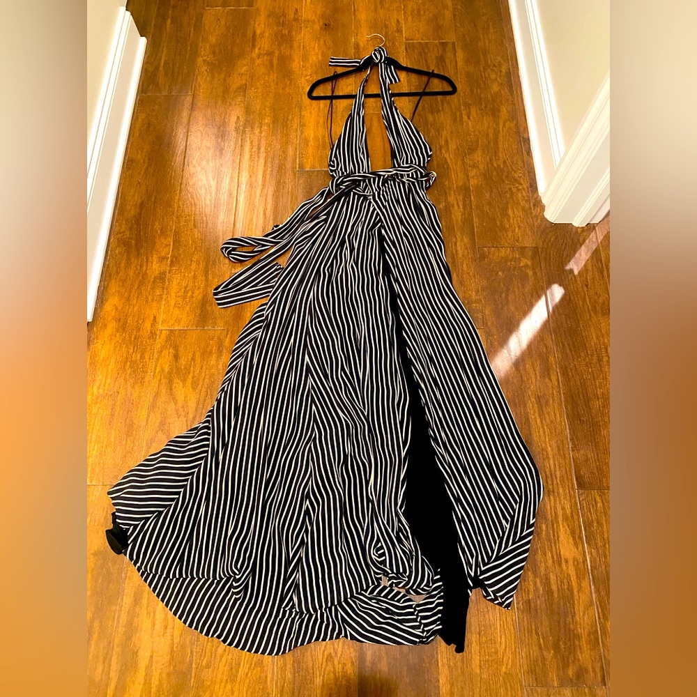 Reformation black/white striped maxi wrap dress
